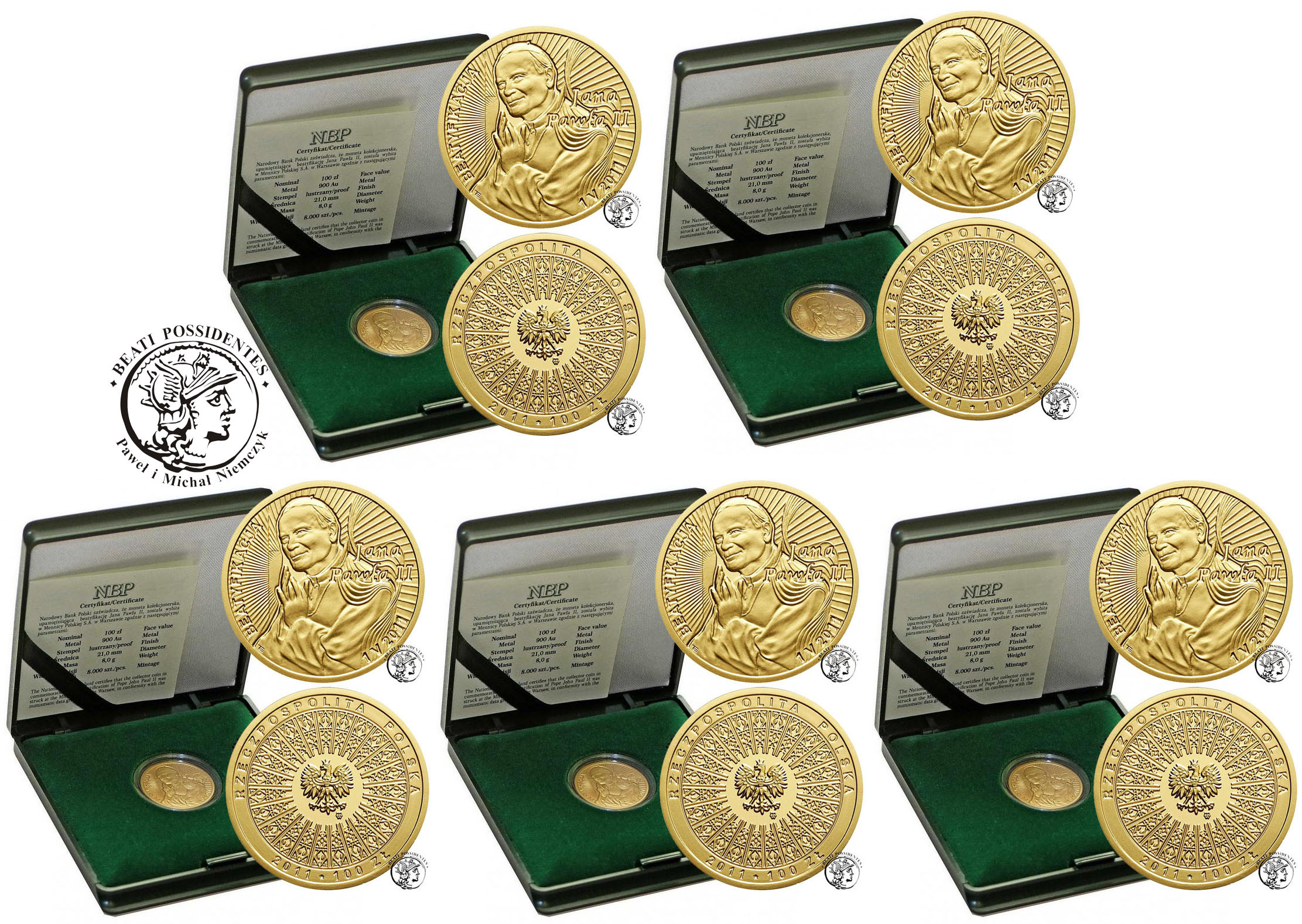 100 złotych 2011 Jan Paweł II Beatyfikacja - zestaw 5 sztuk st.L